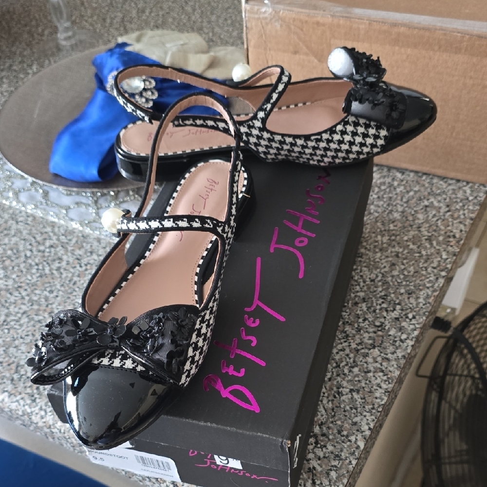 Betsey Johnson Houndstooth Flats with Black Patent and Pearl Accents